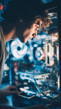 A young male technician examines the interior of a powerful custom built PC with illuminated hardware. The scene captures the essence of digital creativity and advanced computer engineering