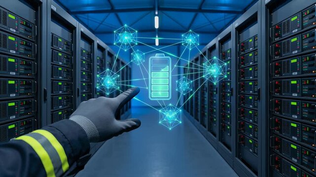 Battery energy storage system power grid facility engineer concept with digital interface in server room managing data for reliable power supply