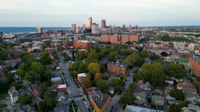 Approaching Cleveland skyline over neighborhood