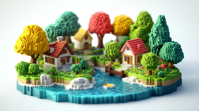 Pixel art village with colorful houses trees and river