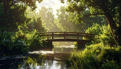 Fototapeta premium Serene Woodland Bridge over Calm River.