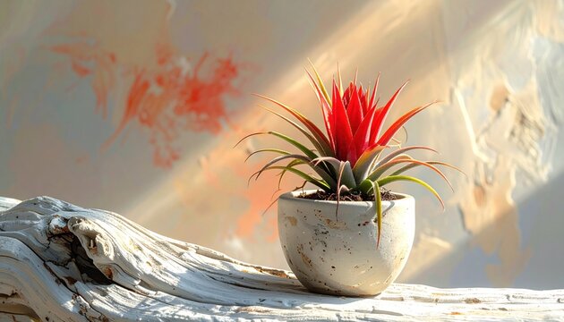 Vibrant Red Bromeliad Plant in a Pot with Natural Light and Wood.