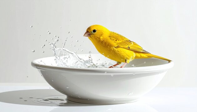 Yellow Canary Bird Bathing in White Bowl.