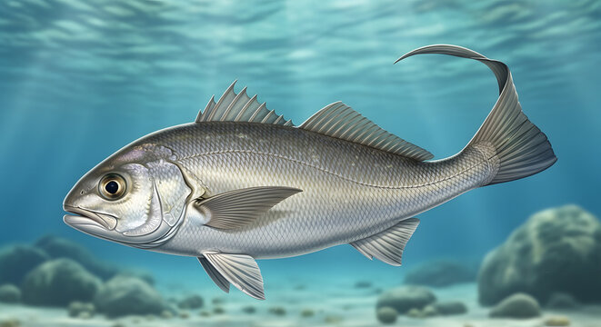 Whole fresh corvina fish on a neutral background