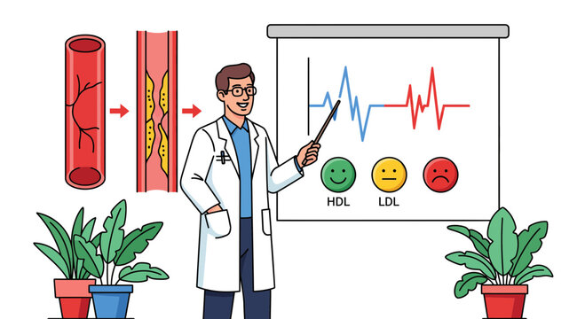 Doctor explaining cholesterol levels and heart health on presentation board