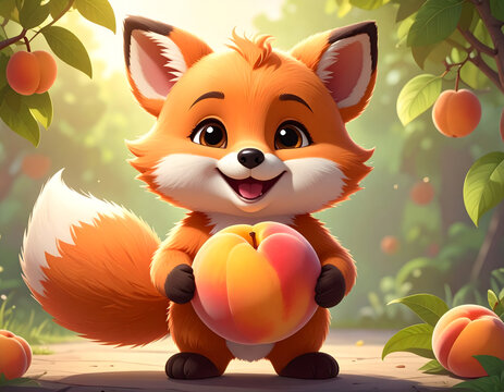 Mascot character (e.g., a cute fox or bear) happily holding a large, perfectly ripe peach