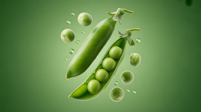 Fresh green peas in open pod with floating seeds on vibrant green background