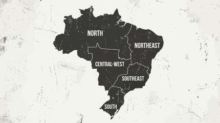 Distressed Grunge Map of Brazil's Five Geographic Regions: North, Northeast, Central-West, Southeast, South. Vector Illustration. © Dreamine
