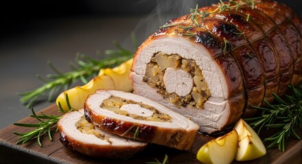 Steaming hot and freshly carved stuffed pork loin roast with savory apples and herb filling, perfect for a festive holiday dinner concept.