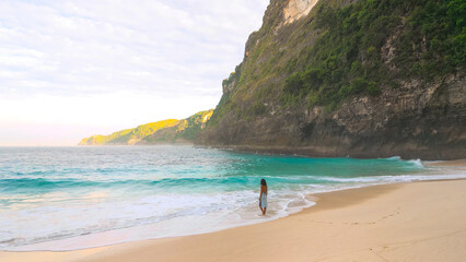 Solo Woman On Kelingking Beach Bali With Turquoise Sea And Cliffs