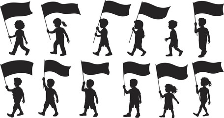 Obraz premium Black silhouettes of children and students walking while holding flags for school parades national holidays and community youth celebration events.