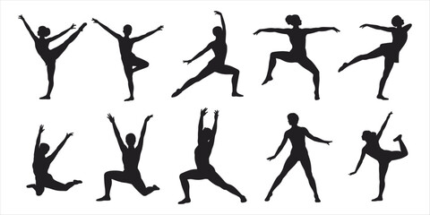 Dynamic Ballet Dancer Poses Silhouettes on White Background movement