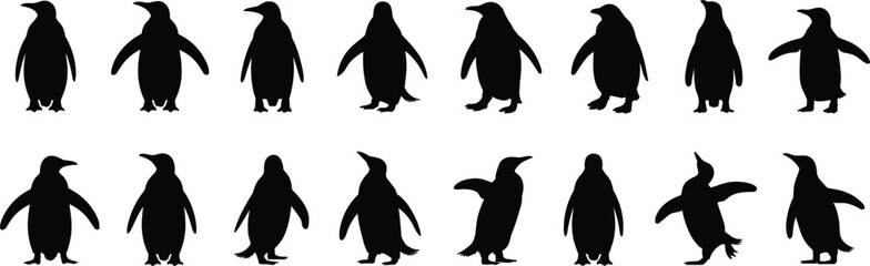 Multiple black silhouette penguins in diverse standing and dynamic poses animal bird © Ariful