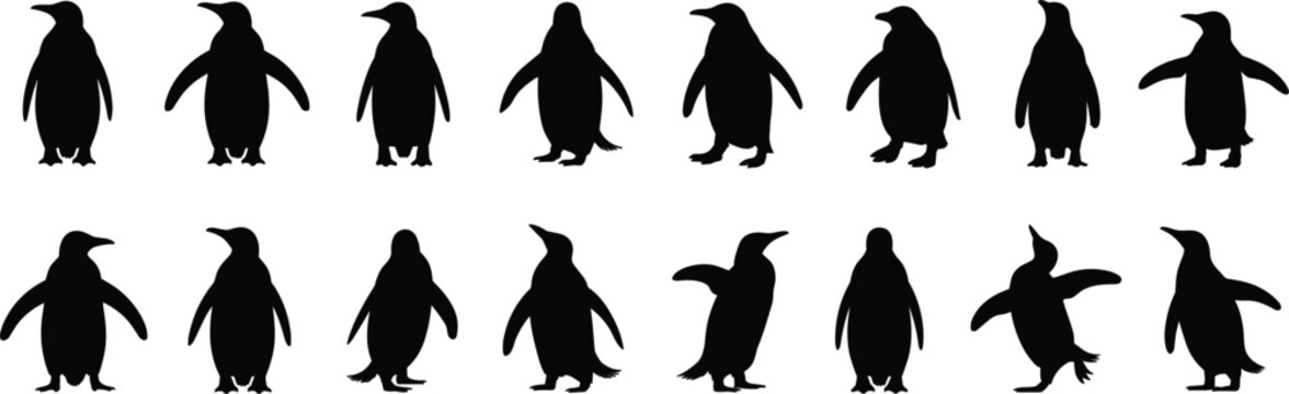 Multiple black silhouette penguins in diverse standing and dynamic poses animal bird