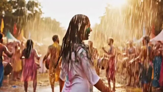 Young happy asian girl is frashing up under rain on holi festival in daytime in summer, color concept, emotional concept
