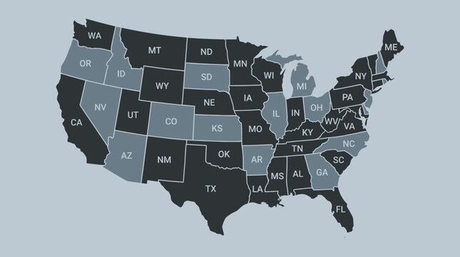 United States Map with States Labeled for Geographic Data Visualization & Regional Analysis - Two-Tone Design