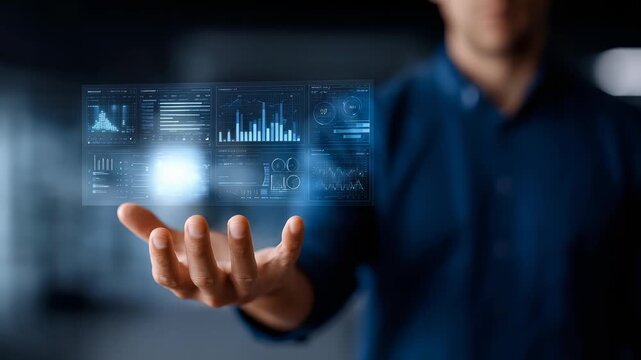Person interacts with holographic interface displaying advanced analytics, charts, symbolizing modern data driven decision making. Represents technology, innovation, digital transformation