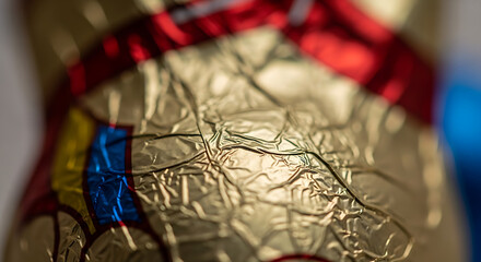 Fototapeta premium Closeup of gold foil wrapped chocolate with colorful label and red ribbon