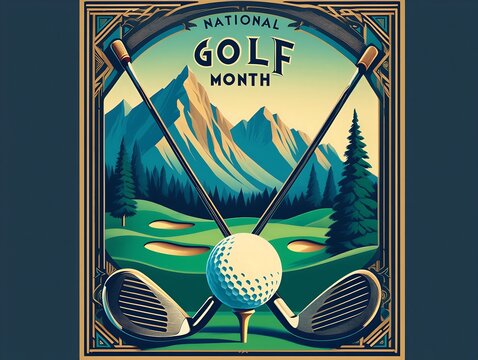 Vintagestyle national golf month poster with mountain landscape and clubs