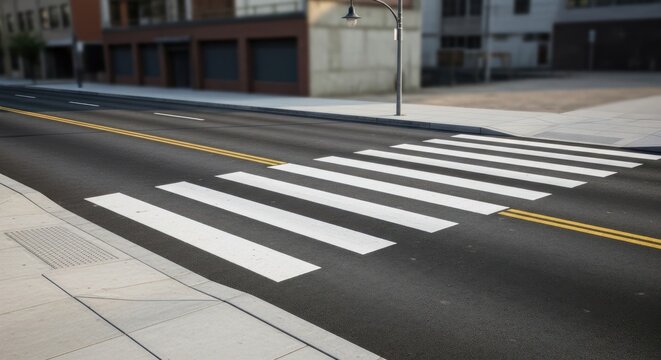 Modern city street with pedestrian crosswalk and yellow lines