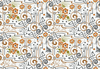 Naklejka premium Seamless Art Nouveau Floral Pattern with Retro Swirls and Orange Wildflowers on White Background 