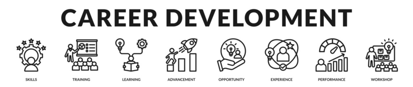 Career development concept presenting continuous learning pathways and structured professional progression. in Lineal Icon Style