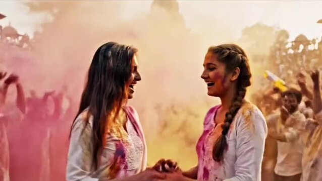 Girls playing Indian Festival Holi Celebration Slowmotion
