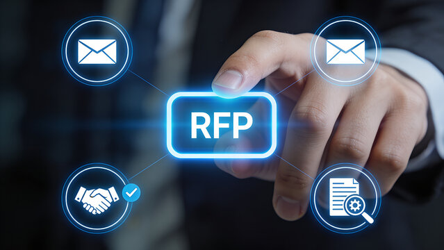 Man using virtual touch interface presses abbreviation RFP. Request For Proposal Business Finance Education new