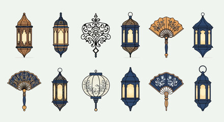Twelve decorative Islamic art icons lanterns and fans © Shalahuddin