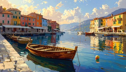 Fototapeta premium Picturesque Italian Coastal Town with Colorful Buildings and Boats on a Serene Canal.