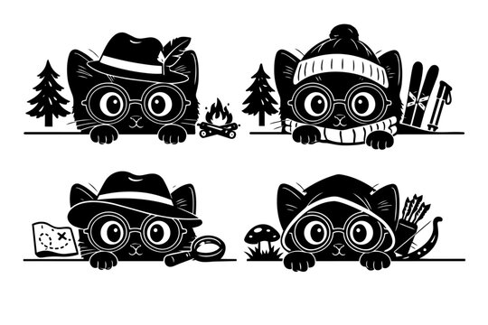 Cute black cat with glasses peeks over a line. Outdoor adventure kitty set in four scenes.