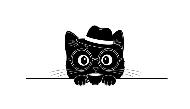 Cute black cat drinks coffee. Funny kitty set with cups and snacks.