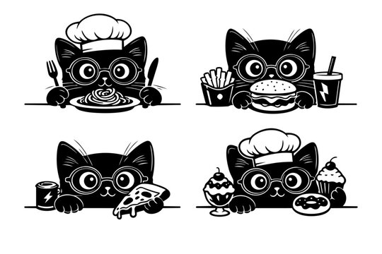 Cute black cat eats different food. Funny kitty set with fast snacks.