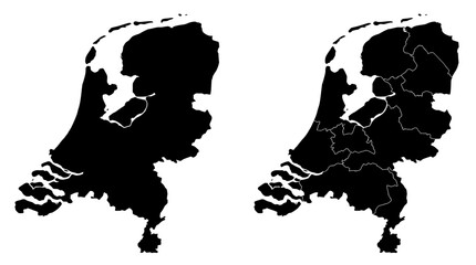 Netherlands Map Black Silhouettes: Country Outline & Provinces. Blank Political Geographic Region Boundary Cartography. © Dreamine