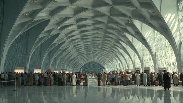 Crowded Indoor Hall with Silhouetted People

