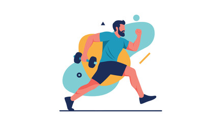 Fototapeta premium A strong bearded man in sportswear is exercising by running or doing lunges while holding a dumbbell against an abstract background.
