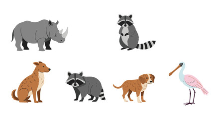 Obraz premium A diverse set of seven wild and domestic animal illustrations including a rhinoceros raccoon dog and a pink roseate spoonbill.