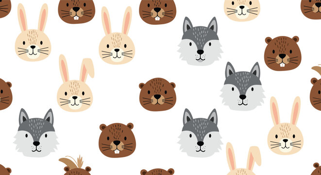 A cute and seamless woodland animal pattern featuring the adorable cartoon faces of rabbits grey wolves and brown beavers.