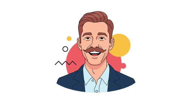 A cheerful and stylish man with brown hair and a prominent handlebar mustache is smiling happily in this cartoon vector portrait.
