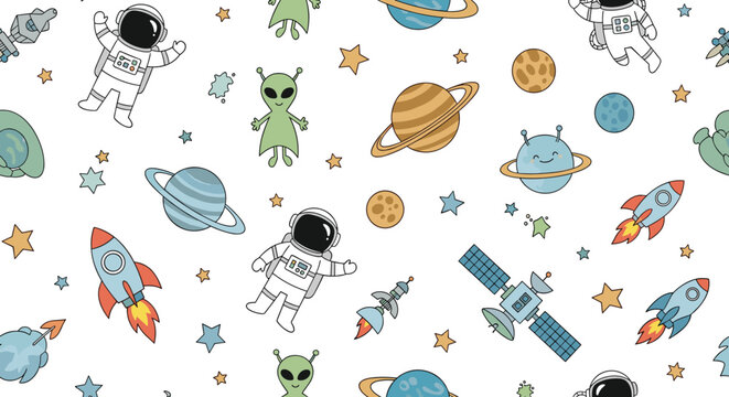 A cute and playful seamless space pattern for kids featuring cartoon astronauts aliens planets rockets and stars on a white background.