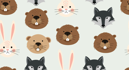 Fototapeta premium Seamless pattern background featuring the cute cartoon faces of woodland animals including wolves beavers and rabbits for children.