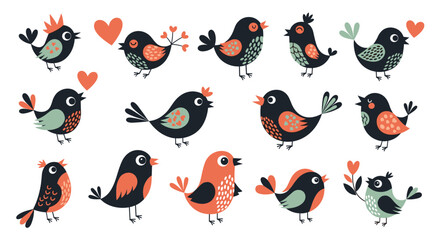 Obraz premium Adorable collection of hand-drawn cartoon birds in various poses with love hearts for spring or romantic themed vector designs.