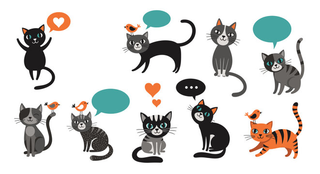 Collection of adorable and funny cartoon cats with birds and speech bubbles for communication and love concepts on a white background.