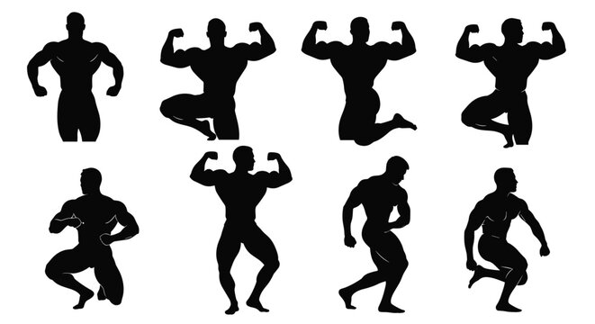 Collection of black silhouettes of a muscular bodybuilder posing to show different muscle groups for fitness and gym concepts.