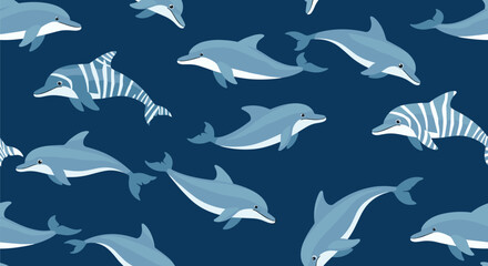 Naklejka premium Seamless pattern of playful dolphins swimming and jumping in various poses on a dark blue ocean water background vector.