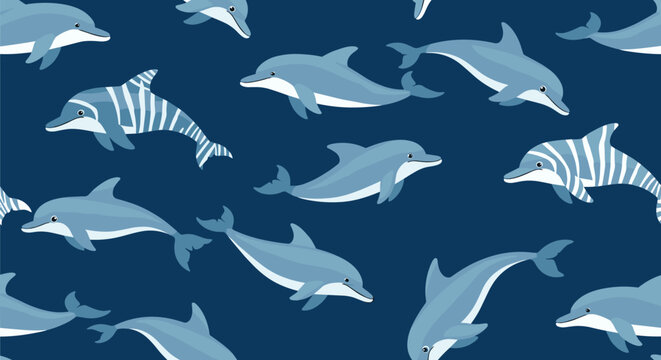 Seamless pattern of playful dolphins swimming and jumping in various poses on a dark blue ocean water background vector.