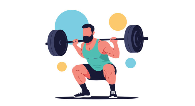 Strong bearded man in gym attire performing a heavy barbell squat exercise in a modern flat design vector illustration.