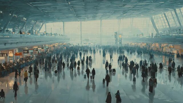 Crowded Indoor Hall with Silhouetted People

