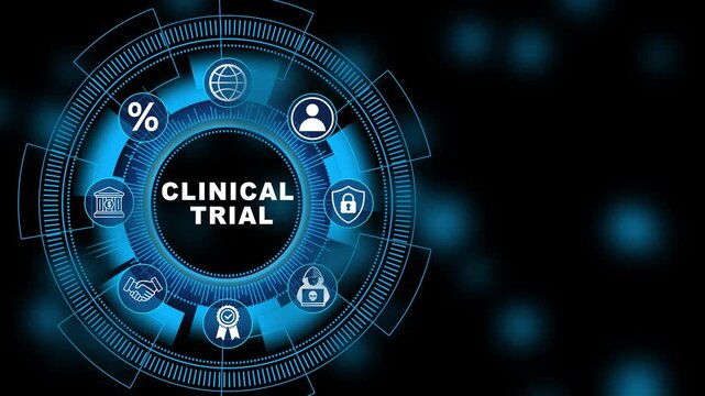 Healthcare innovation dashboard powered by Clinical Trial technology showing digital patient monitoring interface and secure medical research system 4K animation video