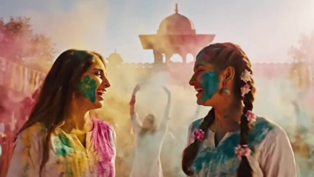 Girls playing Indian Festival Holi Celebration Slow motion
